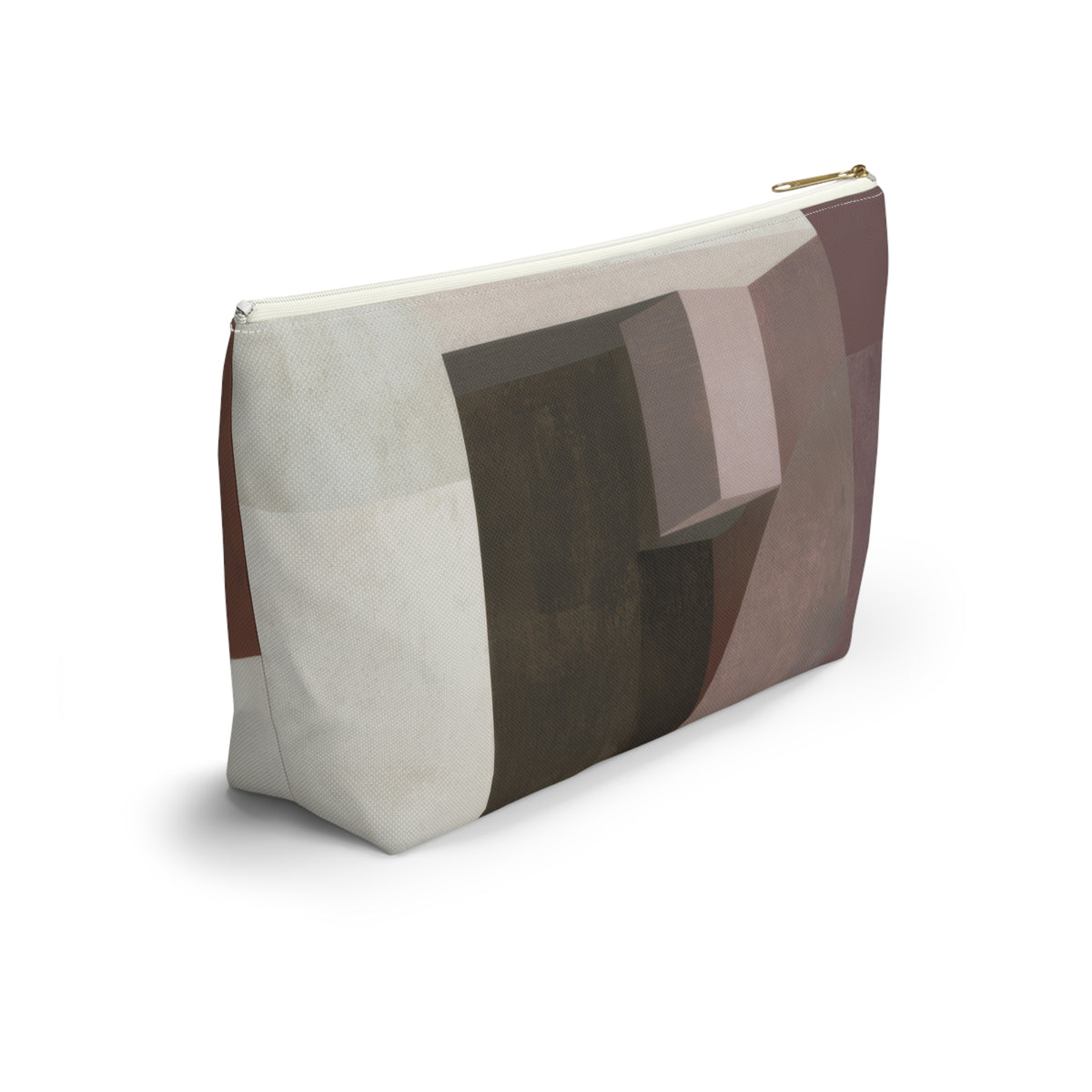 A rectangular zip pouch with a geometric, faceted abstract pattern in shades of brown, beige, and muted pink, featuring a gold zipper pull, shown on a white background.