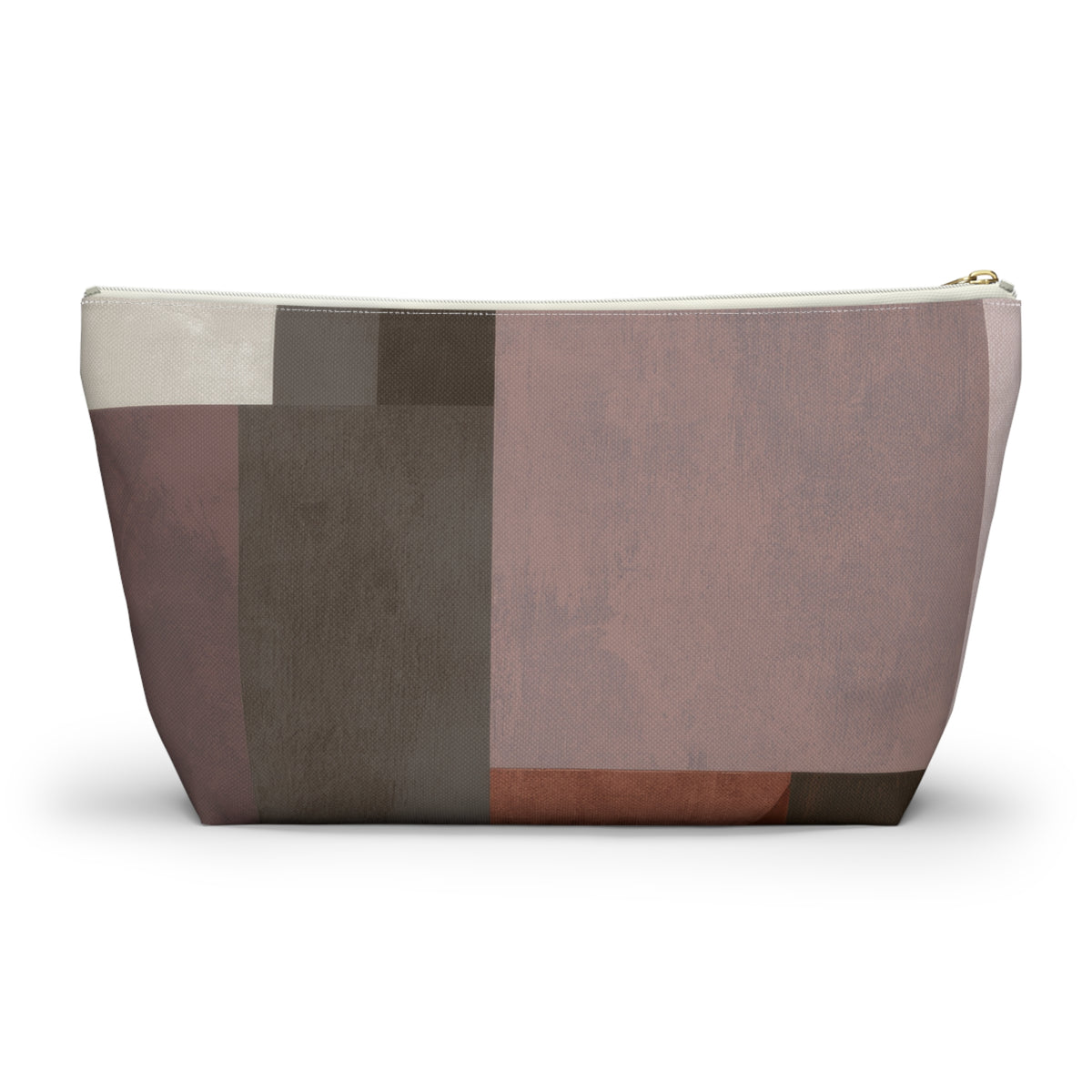 A rectangular cosmetic pouch with an abstract geometric patchwork design in muted tones of dusty rose, taupe, brown, and cream, featuring a gold zipper pull, shown on a white background.