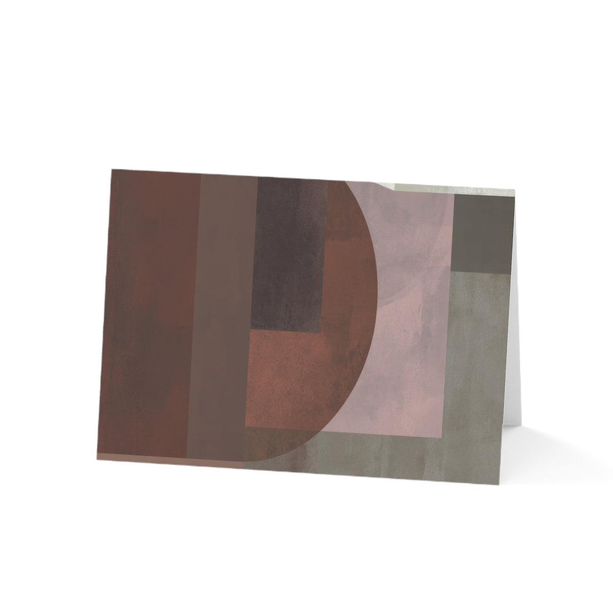 An abstract art grtitude card featuring a geometric design with overlapping shapes in earthy tones of brown, dusty rose, gray, and dark charcoal, displayed on a clean white background.