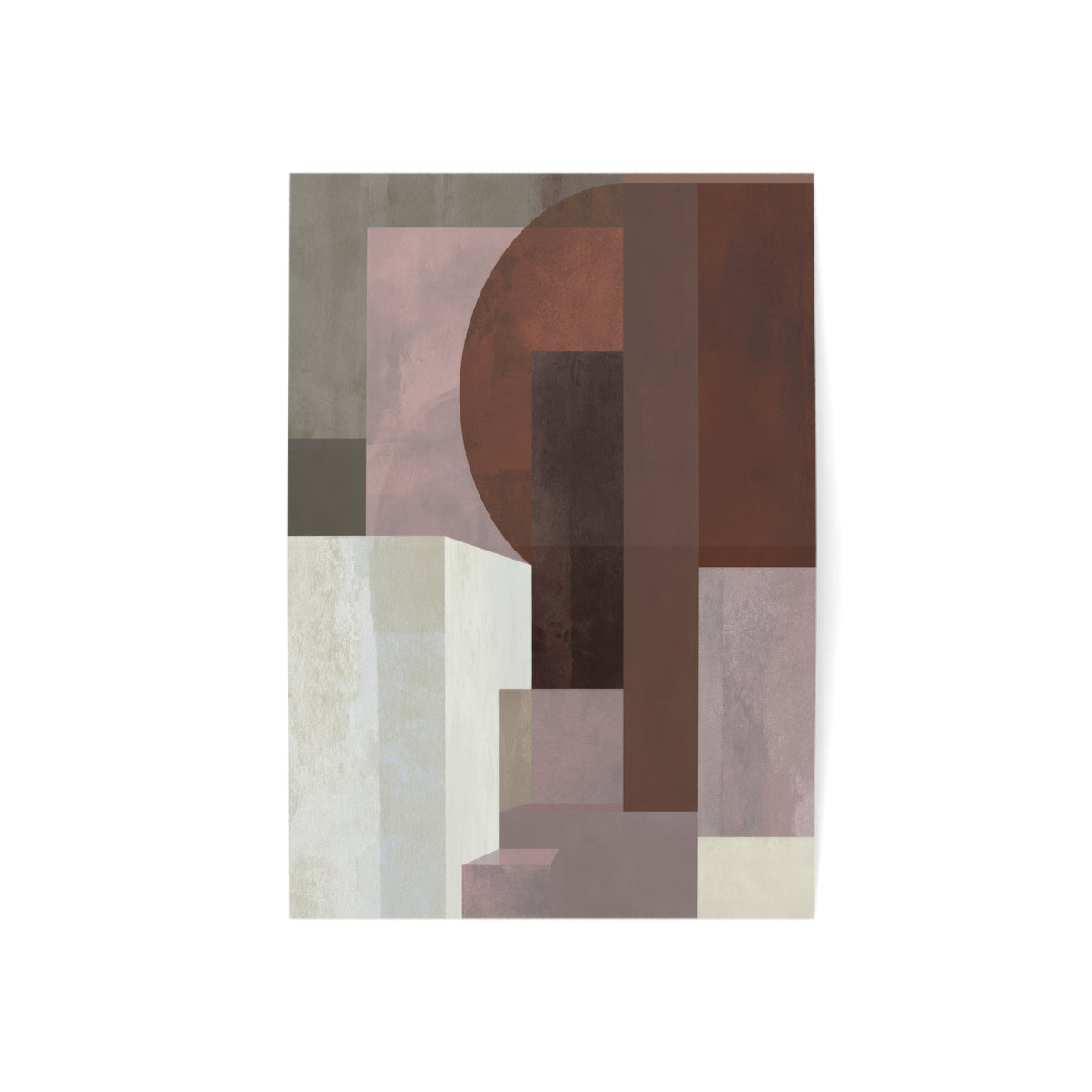 An abstract geometric art gratitude card featuring blocks and curves in muted earth tones of brown, dusty pink, beige, and gray, displayed against a clean white background.