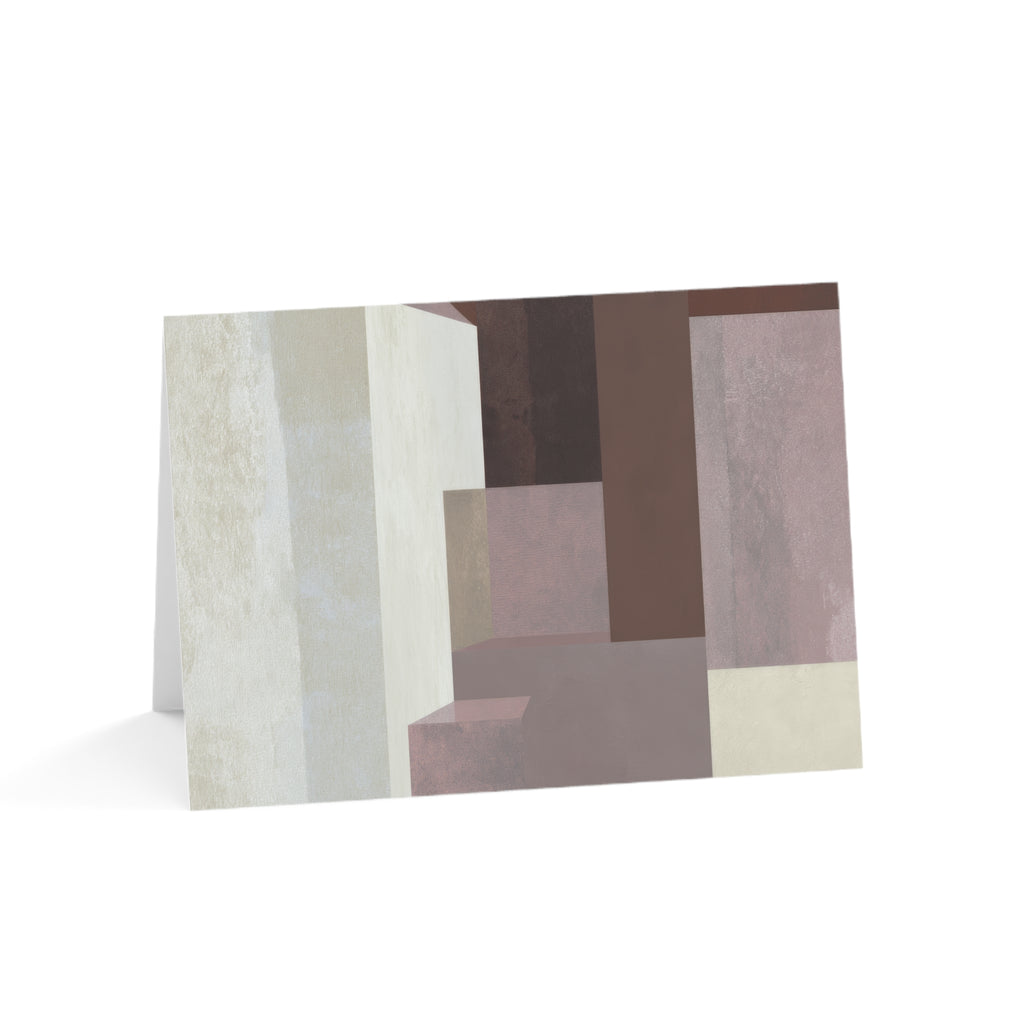 An abstract geometric art gratitude card featuring textured blocks of beige, brown, mauve, and cream, displayed on a clean white background.