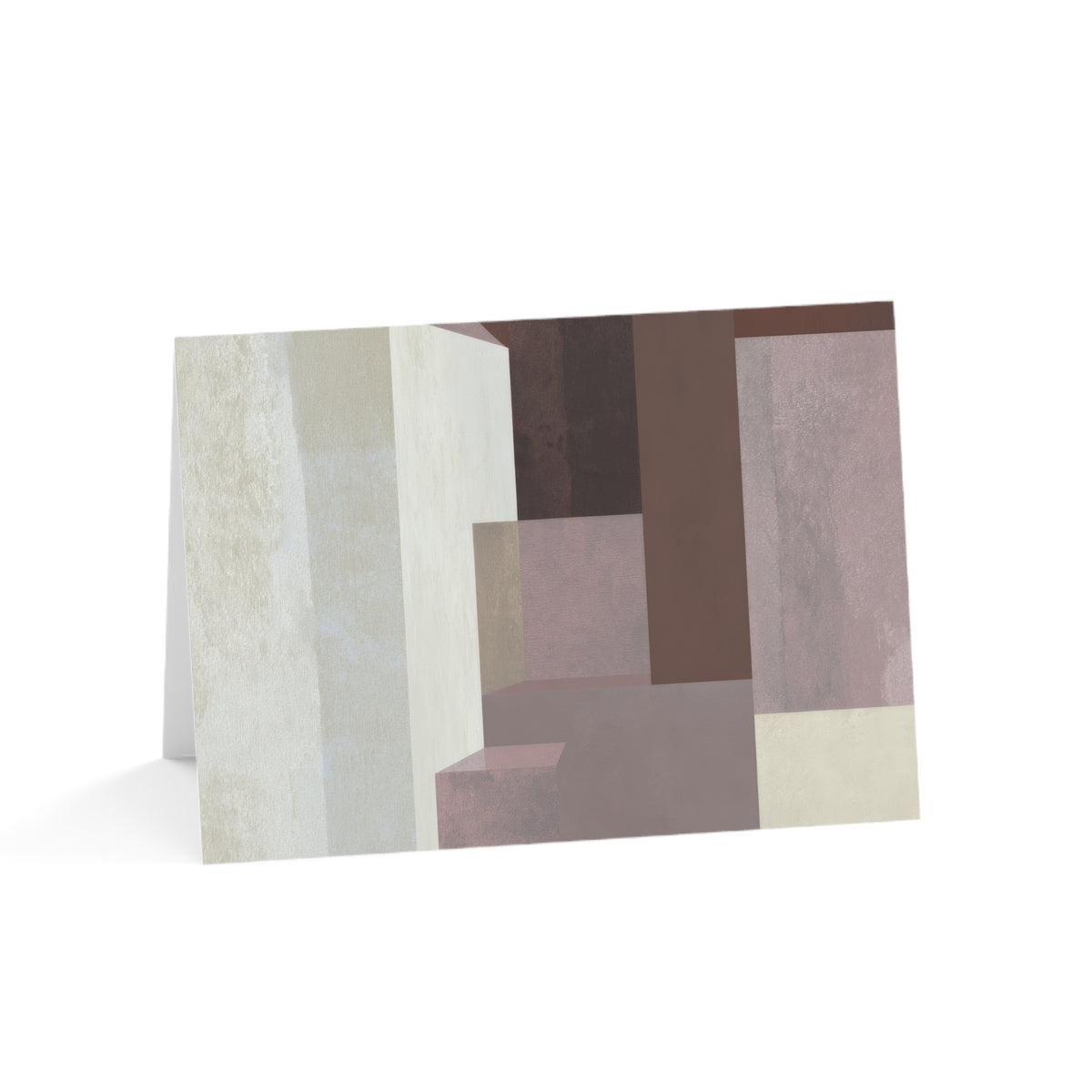 An abstract geometric art gratitude card featuring textured blocks of beige, brown, mauve, and cream, displayed on a clean white background.