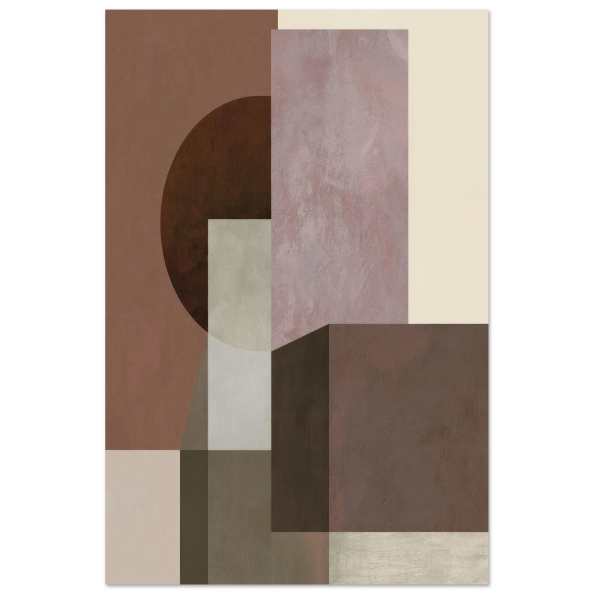 Abstract geometric painting showcasing overlapping geometric blocks and a dark chestnut semi-circle paired with columns in soft mauve, terracotta, and cream. Art print titled 'Study in Brown V', available in vertical sizes 8x12, 12x18, 16x24, and 24x36.