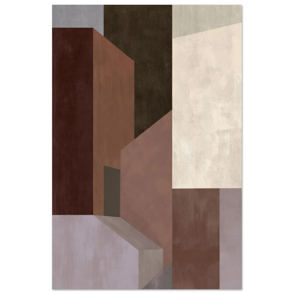 Abstract geometric painting showcasing angular, 3D architectural shapes and tall columns in deep espresso, warm tan, dusty violet, and off-white. Art print titled 'Study in Brown VI', available in vertical sizes 8x12, 12x18, 16x24, and 24x36.