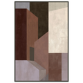 Abstract geometric painting in a black metal frame showcasing angular, 3D architectural shapes and tall columns in deep espresso, warm tan, dusty violet, and off-white. Art print titled 'Study in Brown VI', available in vertical sizes 8x12, 12x18, 16x24, and 24x36.