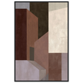 Abstract geometric painting in a black wooden frame showcasing angular, 3D architectural shapes and tall columns in deep espresso, warm tan, dusty violet, and off-white. Art print titled 'Study in Brown VI', available in vertical sizes 8x12, 12x18, 16x24, and 24x36.