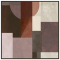 Abstract geometric painting in a black metal frame showcasing multiple overlapping transparent circles and semi-circles in dusty rose, muted chestnut, and deep mahogany layered over a square block layout. Art print titled 'Study in Brown VII', available in square sizes 12x12, 20x20, and 28x28.