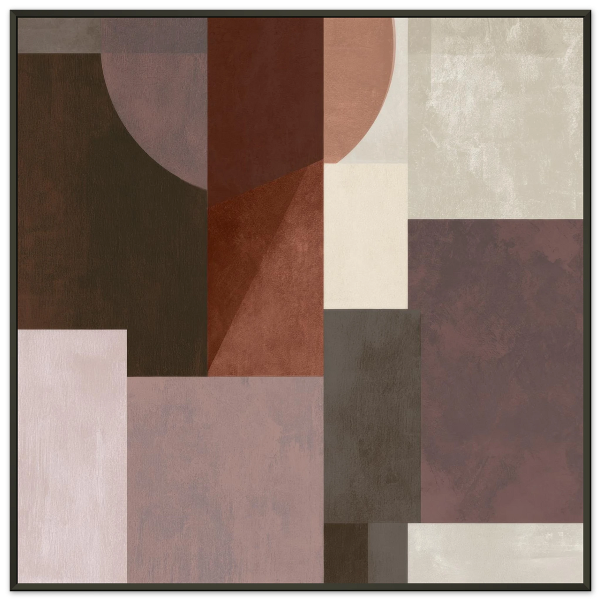 Abstract geometric painting in a black metal frame showcasing multiple overlapping transparent circles and semi-circles in dusty rose, muted chestnut, and deep mahogany layered over a square block layout. Art print titled 'Study in Brown VII', available in square sizes 12x12, 20x20, and 28x28.