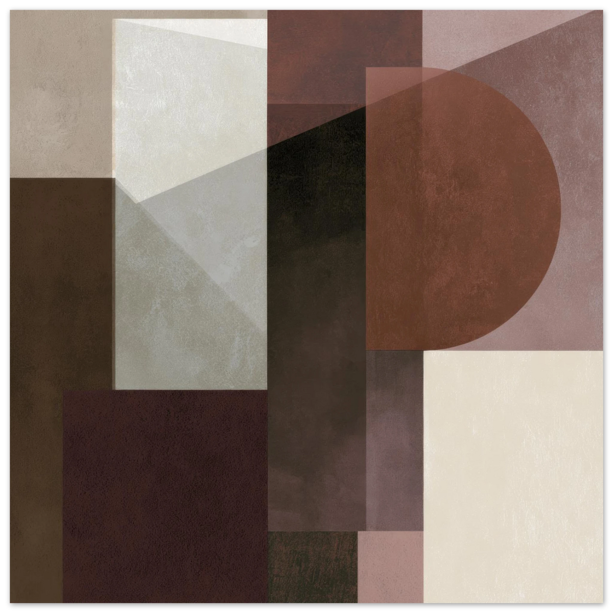 Abstract geometric painting showcasing a prominent terracotta semi-circle overlapping angled planes, transparent columns, and dark espresso blocks with a subtle plaster texture. Art print titled 'Study in Brown VIII', available in square sizes 12x12, 18x18, 20x20, and 28x28.