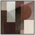 Abstract geometric painting in a black metal frame showcasing a prominent terracotta semi-circle overlapping angled planes, transparent columns, and dark espresso blocks with a subtle plaster texture. Art print titled 'Study in Brown VIII', available in square sizes 12x12, 20x20, and 28x28.