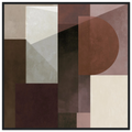 Abstract geometric painting in a black wooden frame showcasing a prominent terracotta semi-circle overlapping angled planes, transparent columns, and dark espresso blocks with a subtle plaster texture. Art print titled 'Study in Brown VIII', available in square sizes 12x12, 18x18, 20x20, and 28x28.