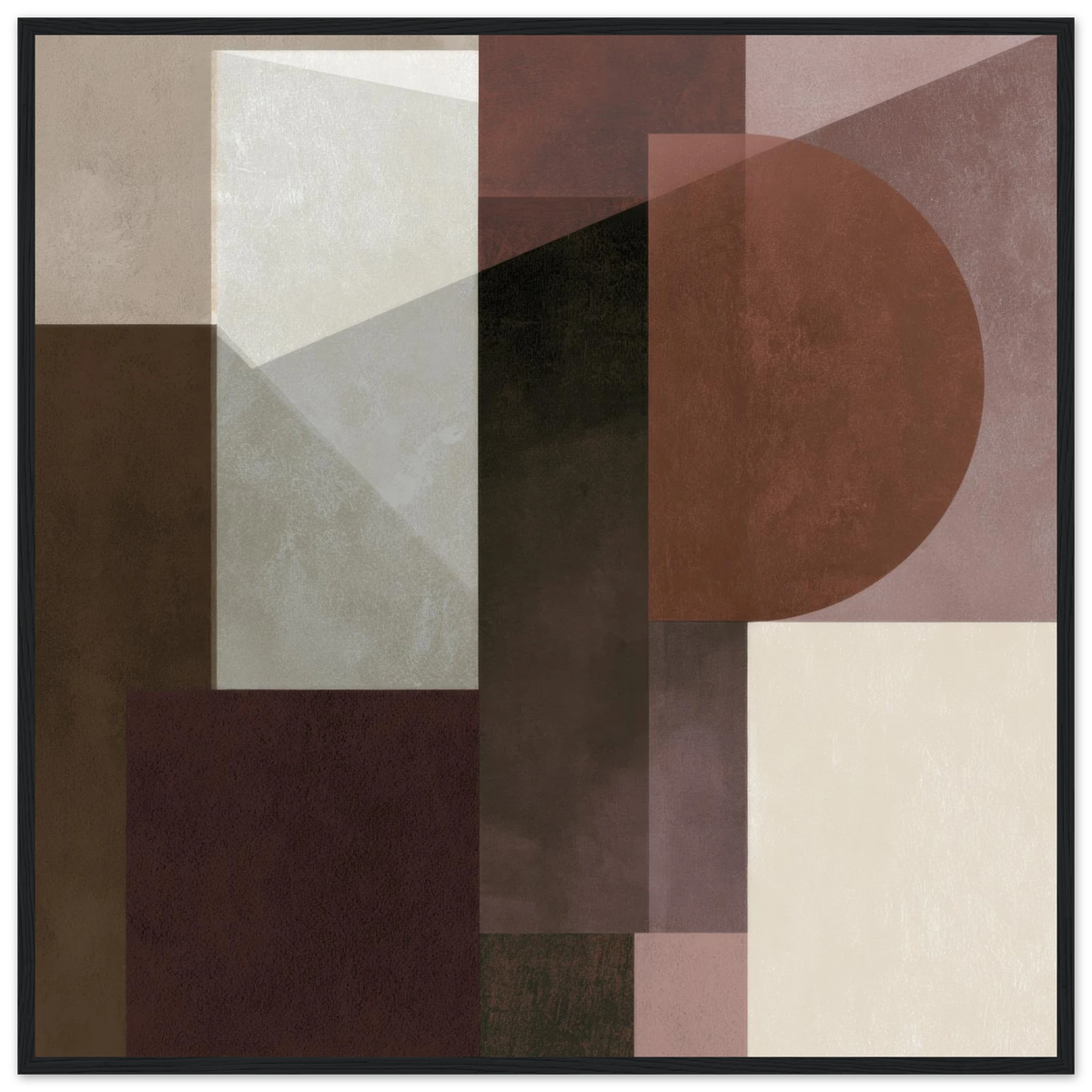 Abstract geometric painting in a black wooden frame showcasing a prominent terracotta semi-circle overlapping angled planes, transparent columns, and dark espresso blocks with a subtle plaster texture. Art print titled 'Study in Brown VIII', available in square sizes 12x12, 18x18, 20x20, and 28x28.