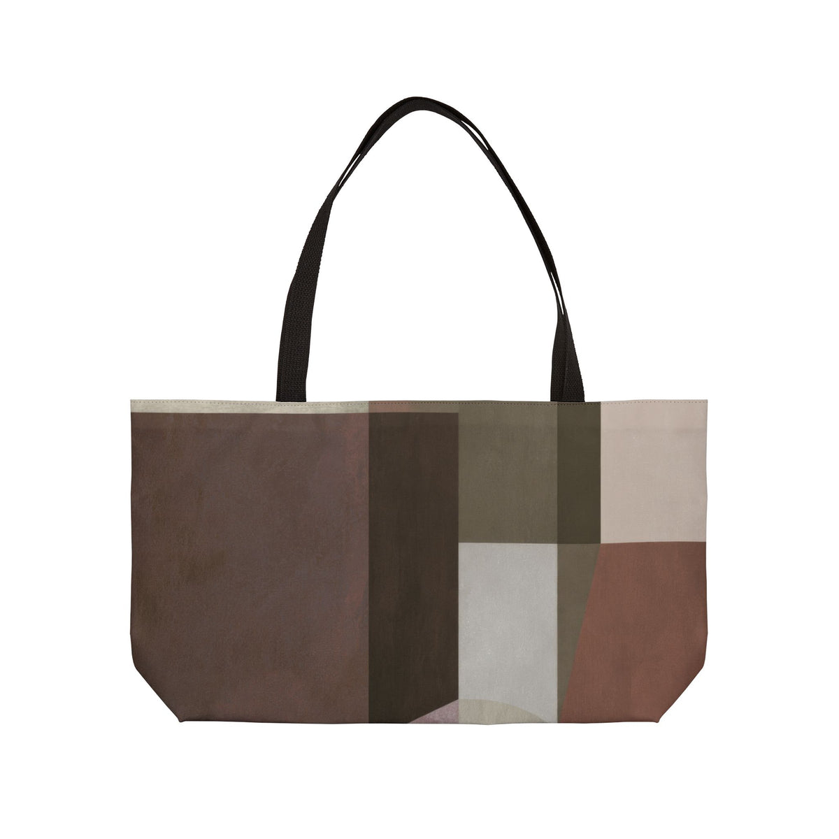 A tote bag with a geometric color-blocked pattern in earthy tones of brown, beige, gray, and terracotta, featuring black shoulder straps, shown against a plain white background.