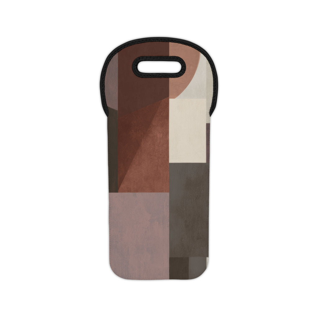 A neoprene wine tote with a geometric color-blocked pattern in shades of brown, beige, and gray, featuring a black stitched border and a cutout handle at the top.