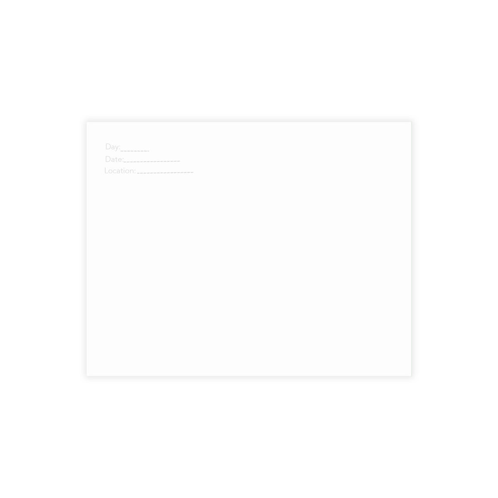 Flat layout view of the minimalist Travel Archive Card by The Cultivated Desk, displaying the clean structured back side featuring designated fields for date, location, and trip day.