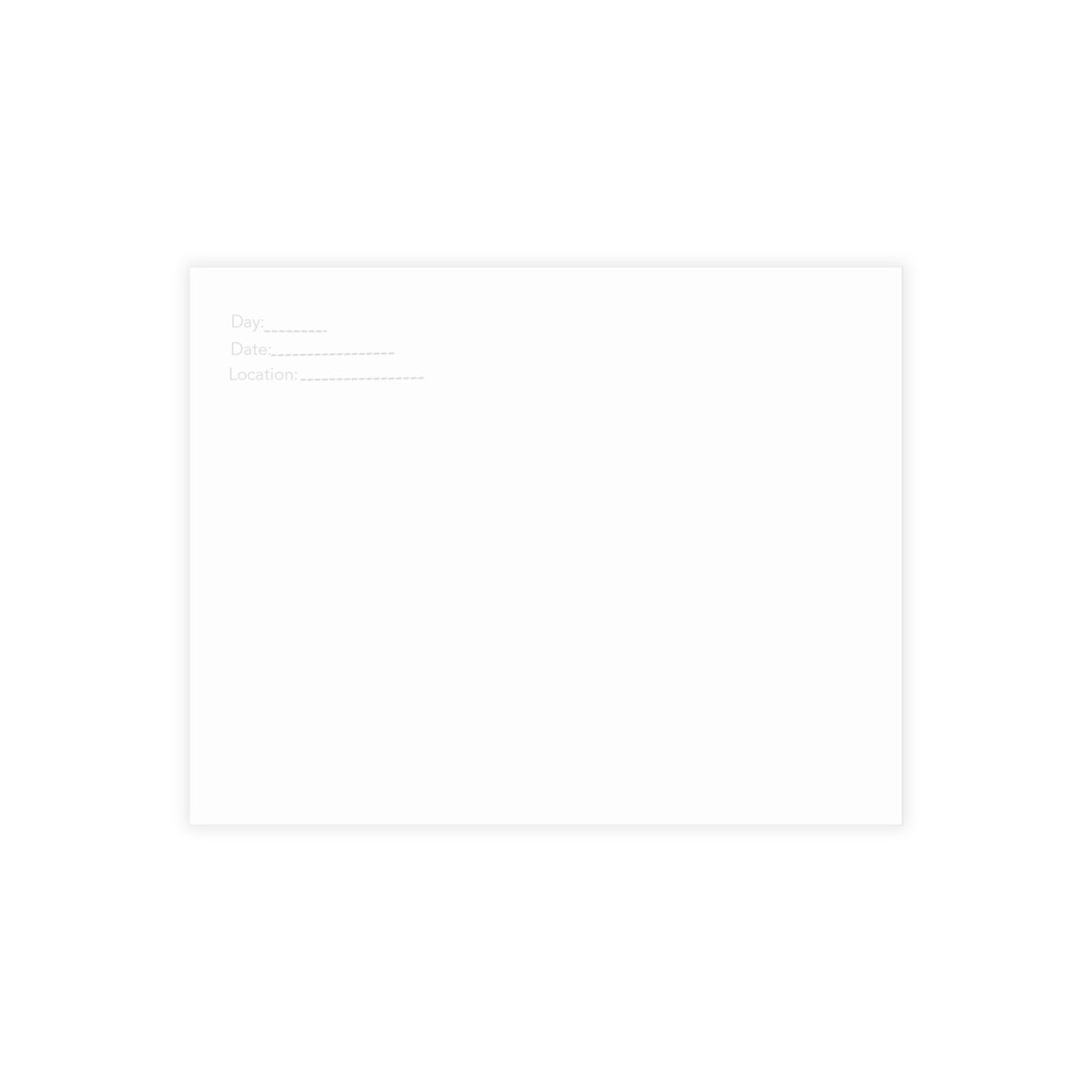 Flat layout view of the minimalist Travel Archive Card by The Cultivated Desk, displaying the clean structured back side featuring designated fields for date, location, and trip day.