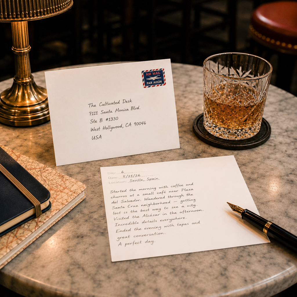 A styled tabletop scene with a white address card addressed to 'The Collapsed Deck' and a handwritten letter on a marble surface, alongside a cut glass of amber liquid, a brass lamp base, and a black-and-gold pen.