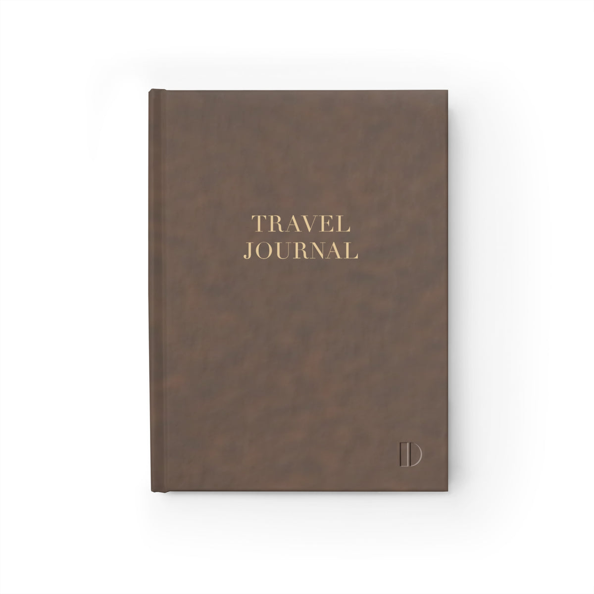 A hardbound burnished brown journal with a subtle leather-like texture, shown flat from the front against a clean white background. Centered on the upper half, the words "TRAVEL JOURNAL" are printed in a clean, matte khaki serif font. A small, minimalist monogram logo is subtly faux-debossed in the bottom right corner.