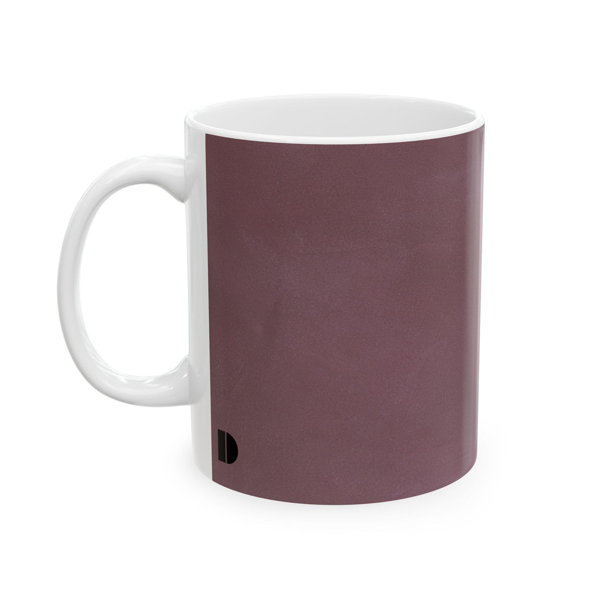 Minimalist marbled burgundy ceramic mug by The Cultivated Desk, left-side view featuring a clean aesthetic design and a subtle black geometric logo near the base.