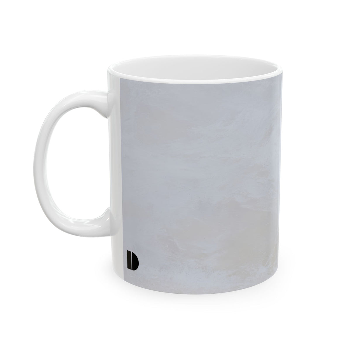 Minimalist marbled gray ceramic mug by The Cultivated Desk, left-side view featuring a clean aesthetic design and a subtle black geometric logo near the base.
