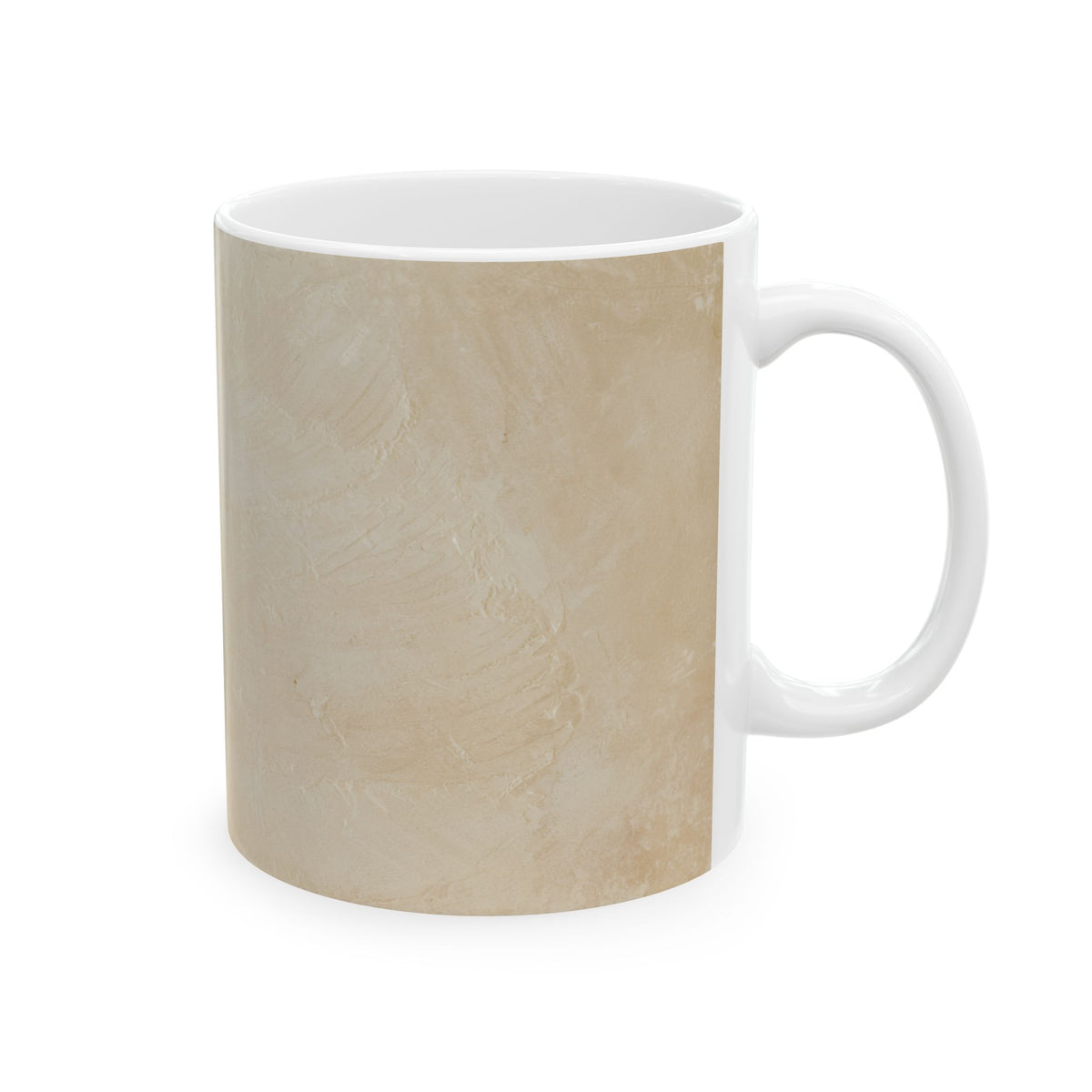 Minimalist marbled tan ceramic mug by The Cultivated Desk, right-side view showcasing the sleek white handle, available in 11oz and 15oz sizes for a curated workspace.