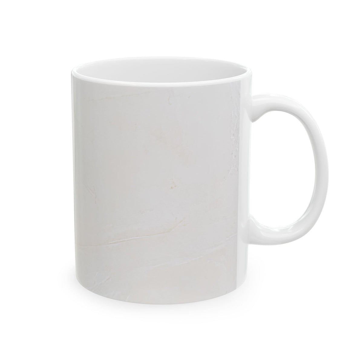 Minimalist white marbled ceramic mug by The Cultivated Desk, right-side view showcasing the sleek white handle, available in 11oz and 15oz sizes for a curated workspace