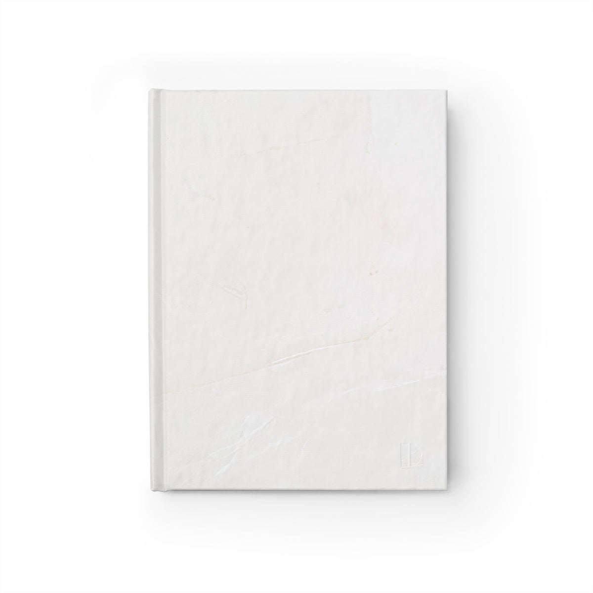 Minimalist white marbled hardcover journal by The Cultivated Desk, featuring a front cover view with a subtle faux debossed geometric logo in the corner.